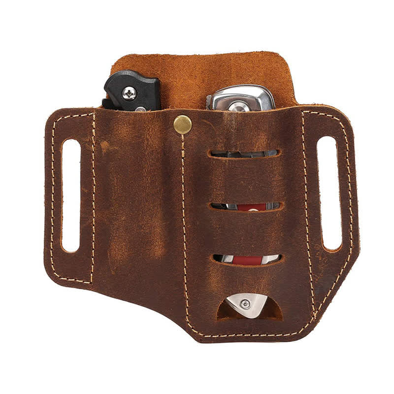 EDC Tool Storage Holster Folding Knife Flashlight Leather Belt Bag - Image 2