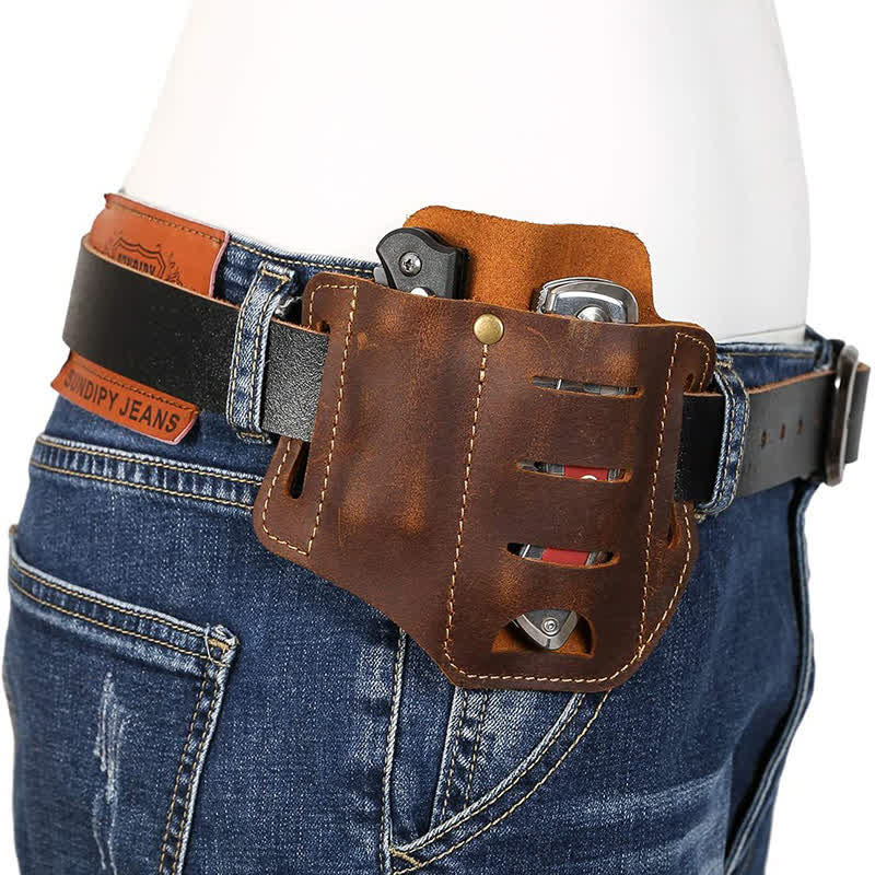 EDC Tool Storage Holster Folding Knife Flashlight Leather Belt Bag - Image 3
