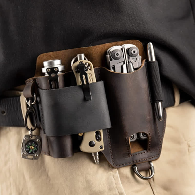 EDC Tool Storage Holster Folding Knife Flashlight Leather Belt Bag - Image 2