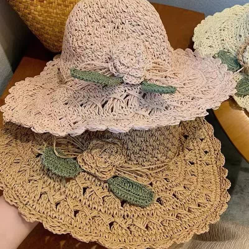 Elegant Flower Detailed Summer Crochet Foldable Straw Hat - Image 2
