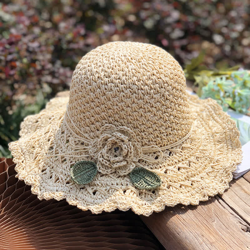 Elegant Flower Detailed Summer Crochet Foldable Straw Hat - Image 5