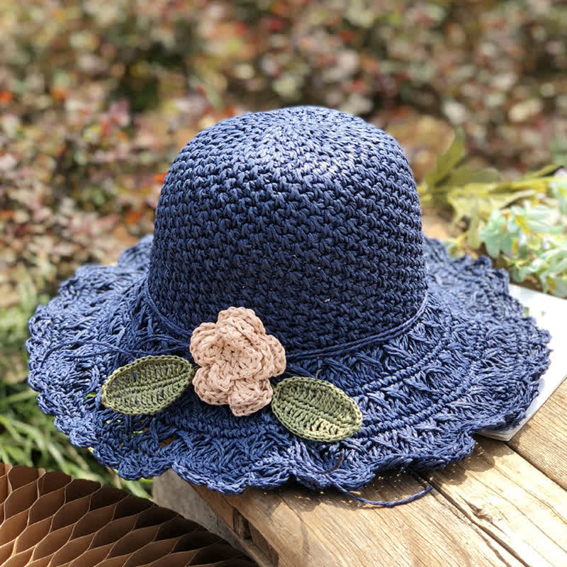 Elegant Flower Detailed Summer Crochet Foldable Straw Hat - Image 8