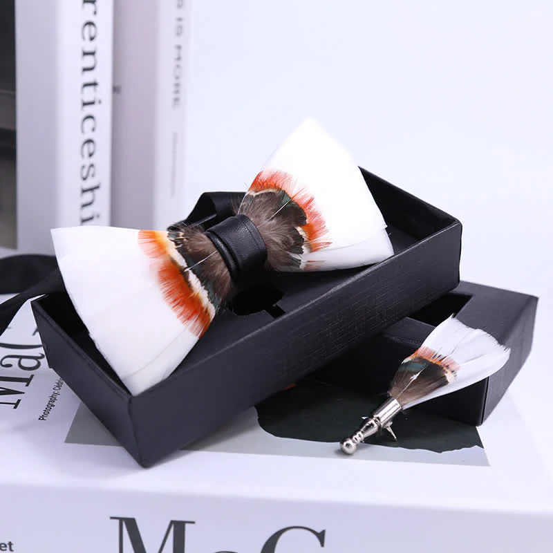 Elegant White Feather Bow Tie with Lapel Pin - Image 2