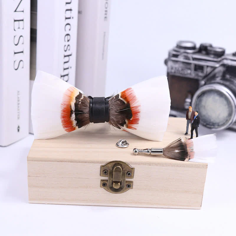 Elegant White Feather Bow Tie with Lapel Pin - Image 3