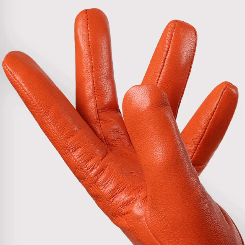 Elegant Women's Orange Leather Warm Winter Gloves - Image 3