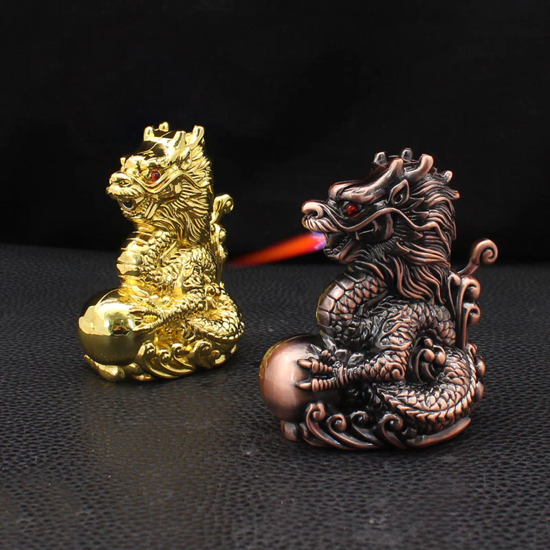 Embossed Dragon Playing Pearl Windproof Butane Lighter - Image 2