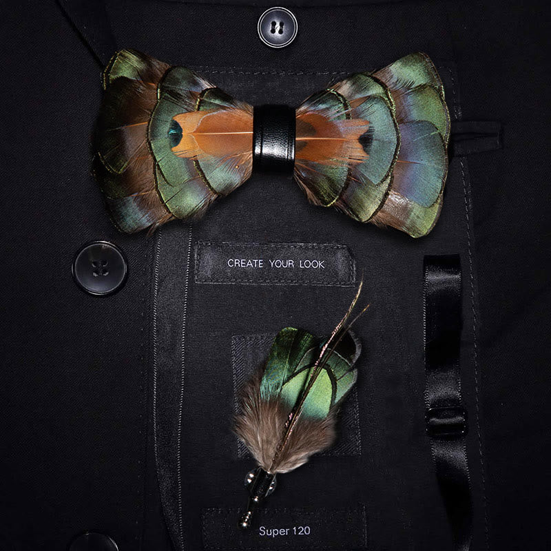 Emerald Green & Gold Feather Bow Tie with Lapel Pin