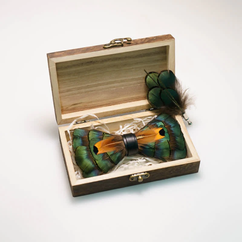Emerald Green & Gold Feather Bow Tie with Lapel Pin - Image 3