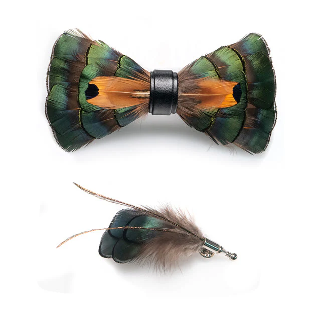 Emerald Green & Gold Feather Bow Tie with Lapel Pin - Image 4