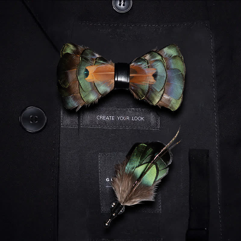 Emerald Green & Gold Feather Bow Tie with Lapel Pin - Image 6