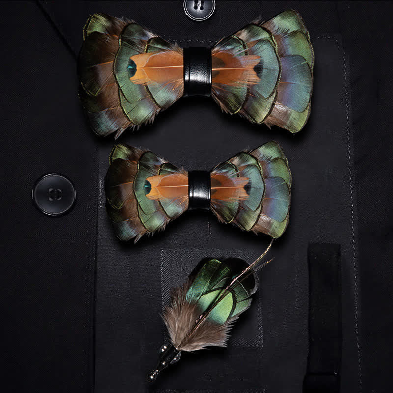 Emerald Green & Gold Feather Bow Tie with Lapel Pin - Image 7