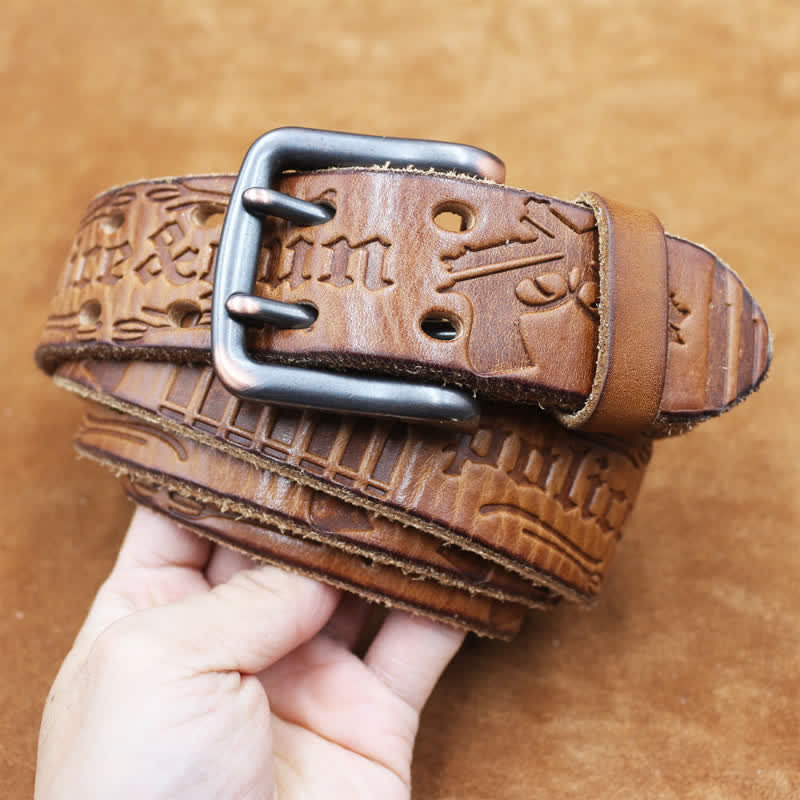 English Letter Gun Bullet Embossment Leather Belt - Image 11