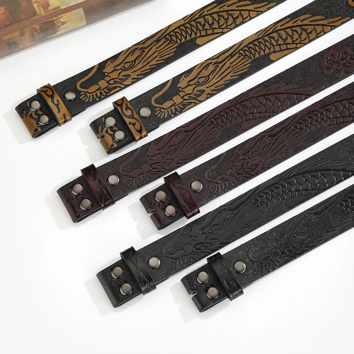 Engraved Dragon Pattern DIY Leather Belt Strap Without Belt Buckle