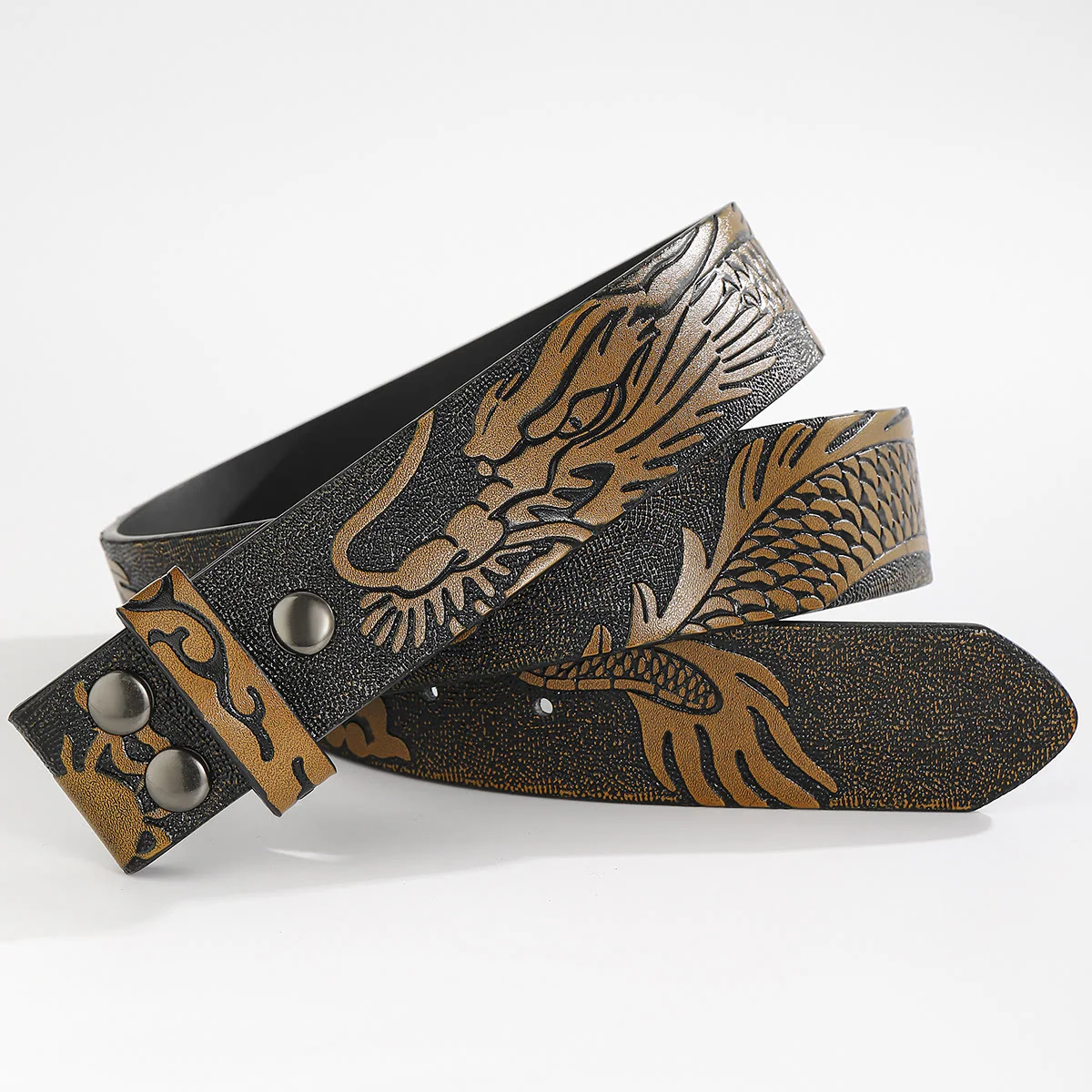 Engraved Dragon Pattern DIY Leather Belt Strap Without Belt Buckle - Image 5
