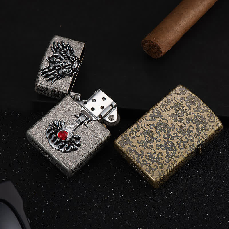 Engraved Dragon-Shaped Retro Refillable Kerosene Lighter - Image 2