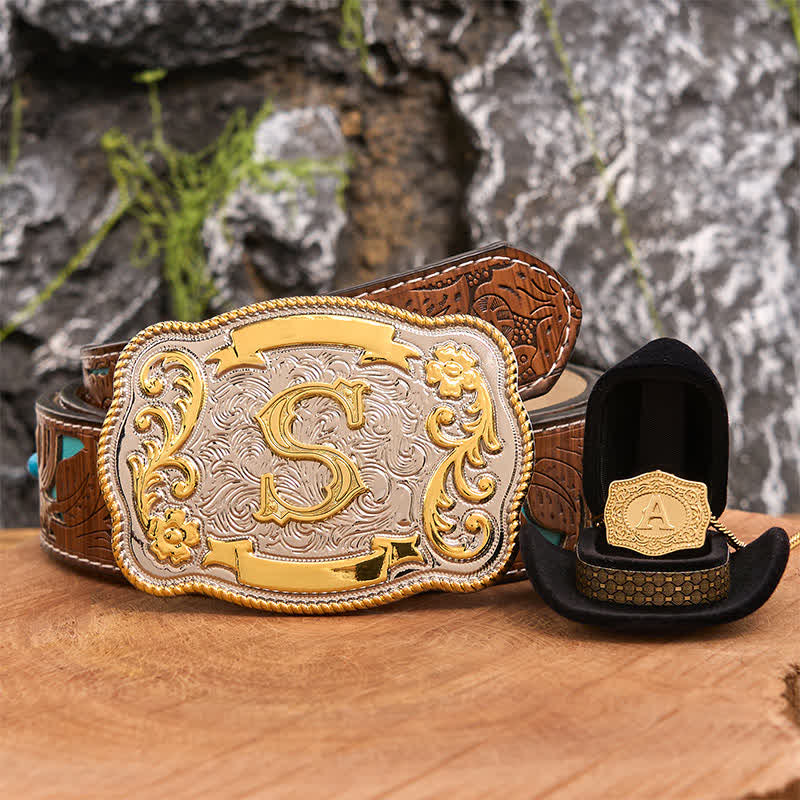 Engraved Initial Letter DIY Belt Buckle Gold Necklace Bundle Set