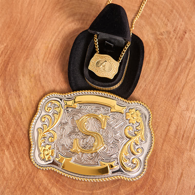 Engraved Initial Letter DIY Belt Buckle Gold Necklace Bundle Set - Image 2