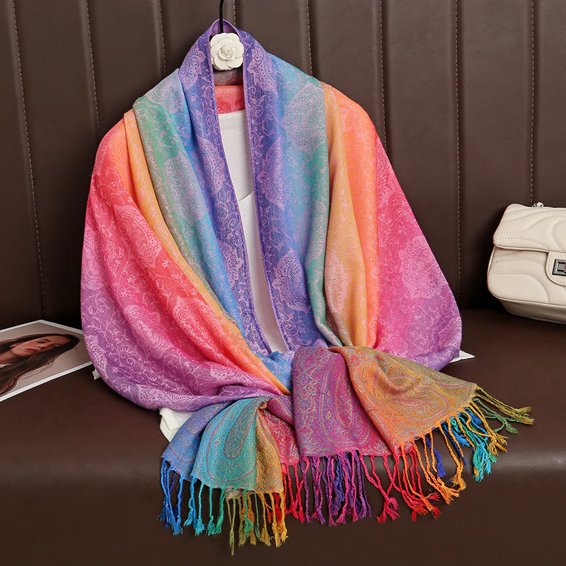 Ethnic Style Color Gradient Embroidery Tassel Scarf - Image 4