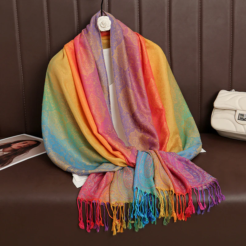 Ethnic Style Color Gradient Embroidery Tassel Scarf - Image 9