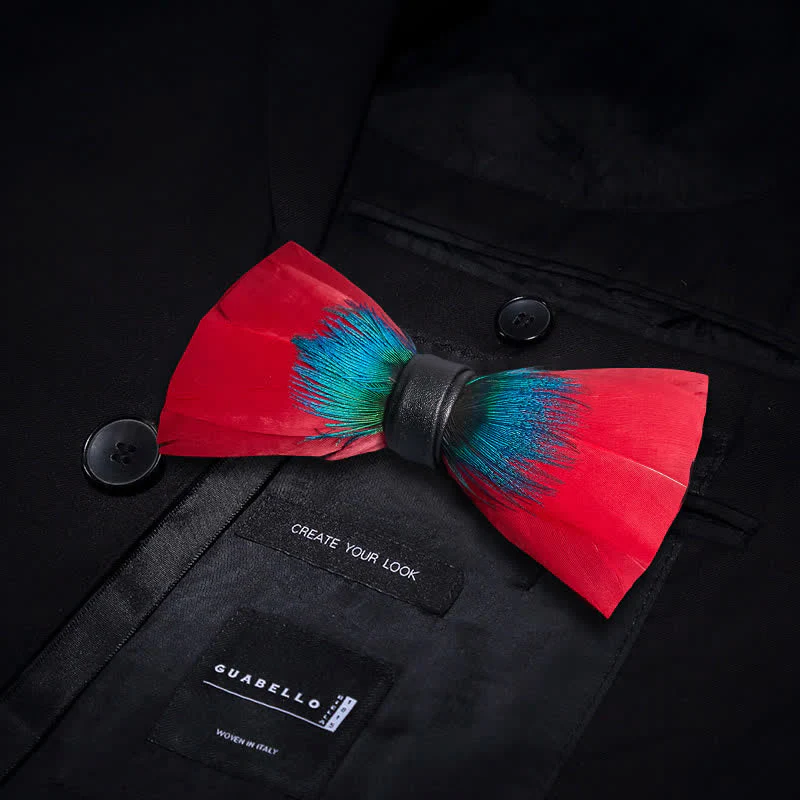 Exotic Red & Blue Feather Bow Tie with Lapel Pin - Image 3