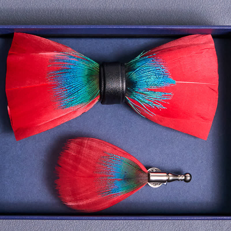 Exotic Red & Blue Feather Bow Tie with Lapel Pin - Image 4