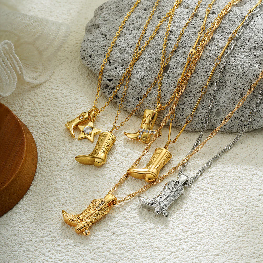 Exquisite Western Golden Cowboy Boot Stars Pendant Necklace - Image 3