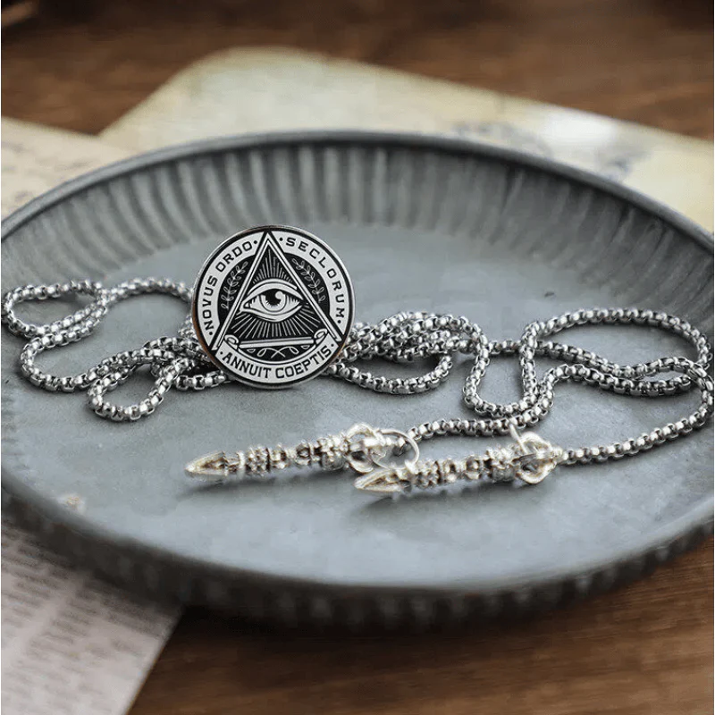 Eye of Providence Latin Inscription Vintage Metal Bolo Tie - Image 2