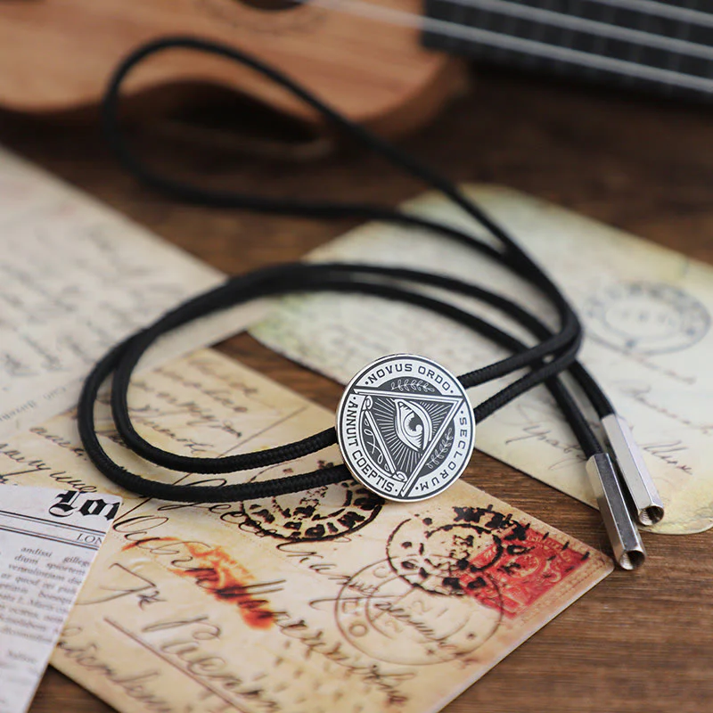 Eye of Providence Latin Inscription Vintage Metal Bolo Tie - Image 4