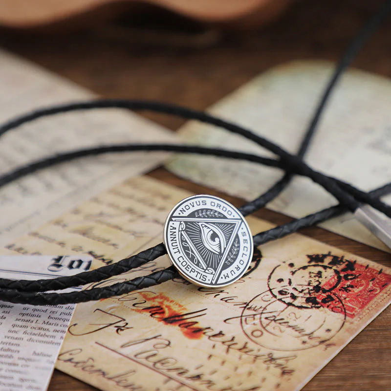 Eye of Providence Latin Inscription Vintage Metal Bolo Tie - Image 6
