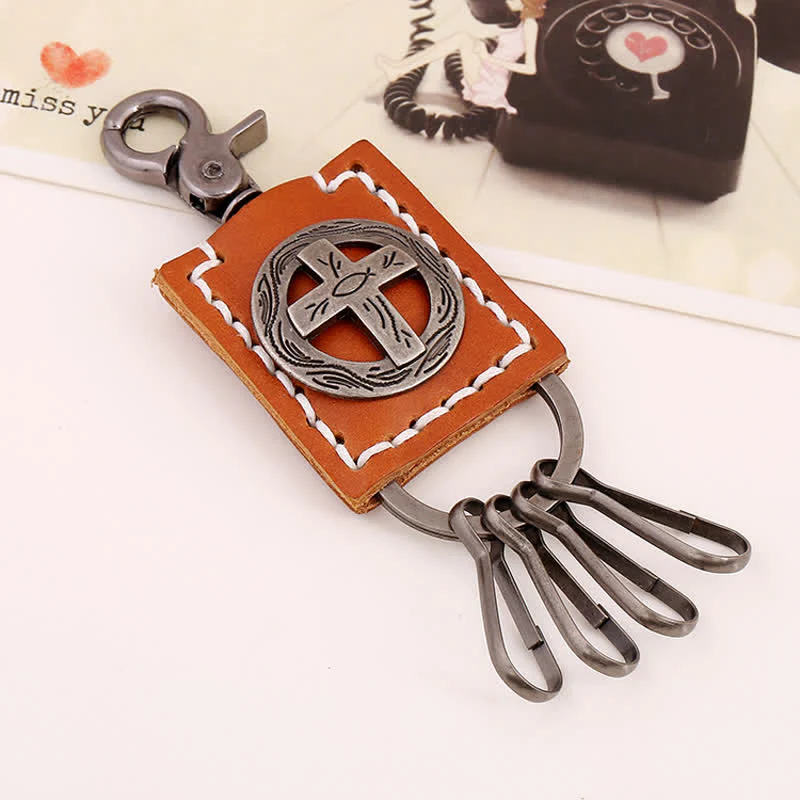 Faithful Cross Ornament Handmade Leather Keychain - Image 3