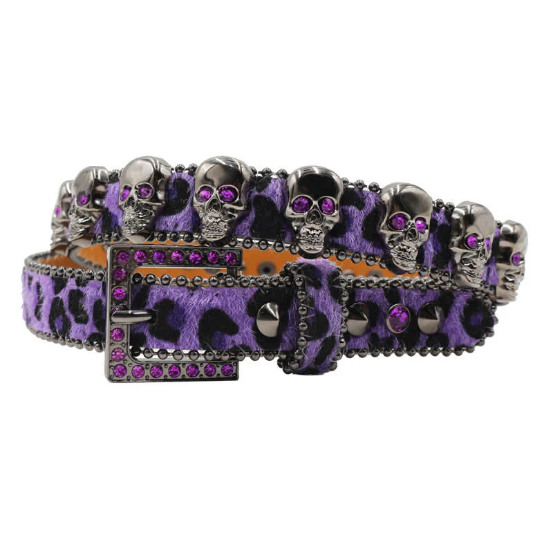 Fancy Gothic Skull Head Rivets Leopard Print Leather Belt - Image 12