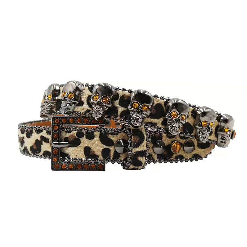 Fancy Gothic Skull Head Rivets Leopard Print Leather Belt - Image 13