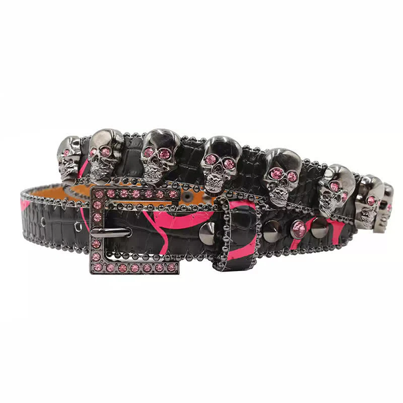 Fancy Gothic Skull Head Rivets Leopard Print Leather Belt - Image 15