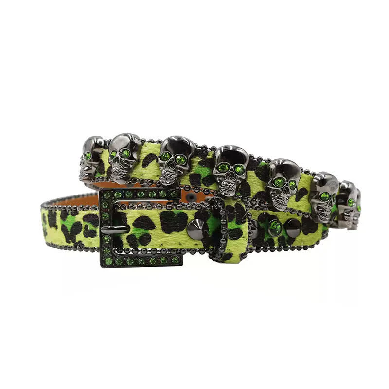 Fancy Gothic Skull Head Rivets Leopard Print Leather Belt - Image 16