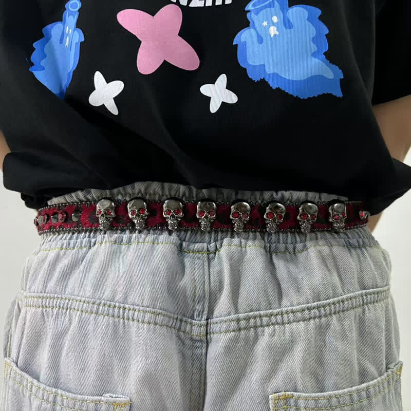 Fancy Gothic Skull Head Rivets Leopard Print Leather Belt - Image 2