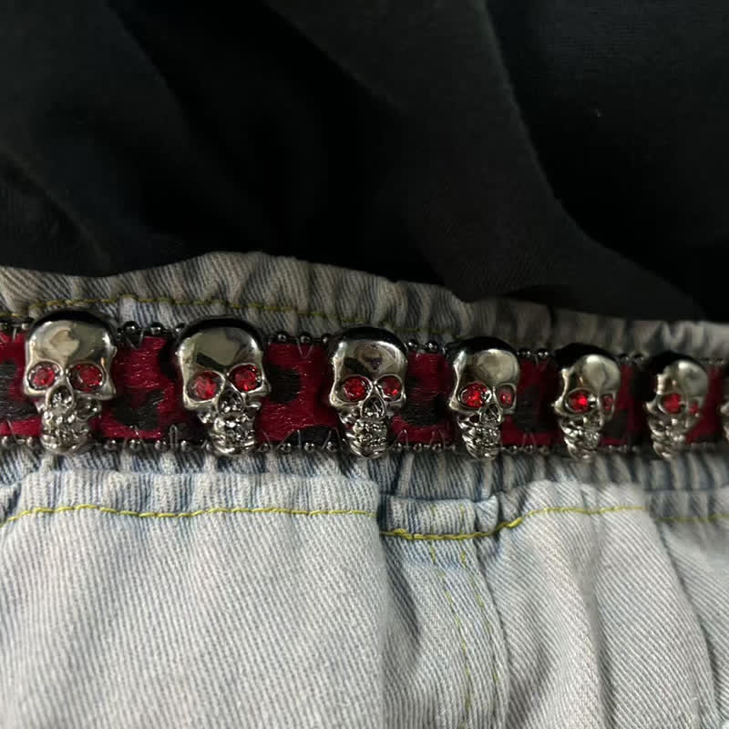 Fancy Gothic Skull Head Rivets Leopard Print Leather Belt - Image 3