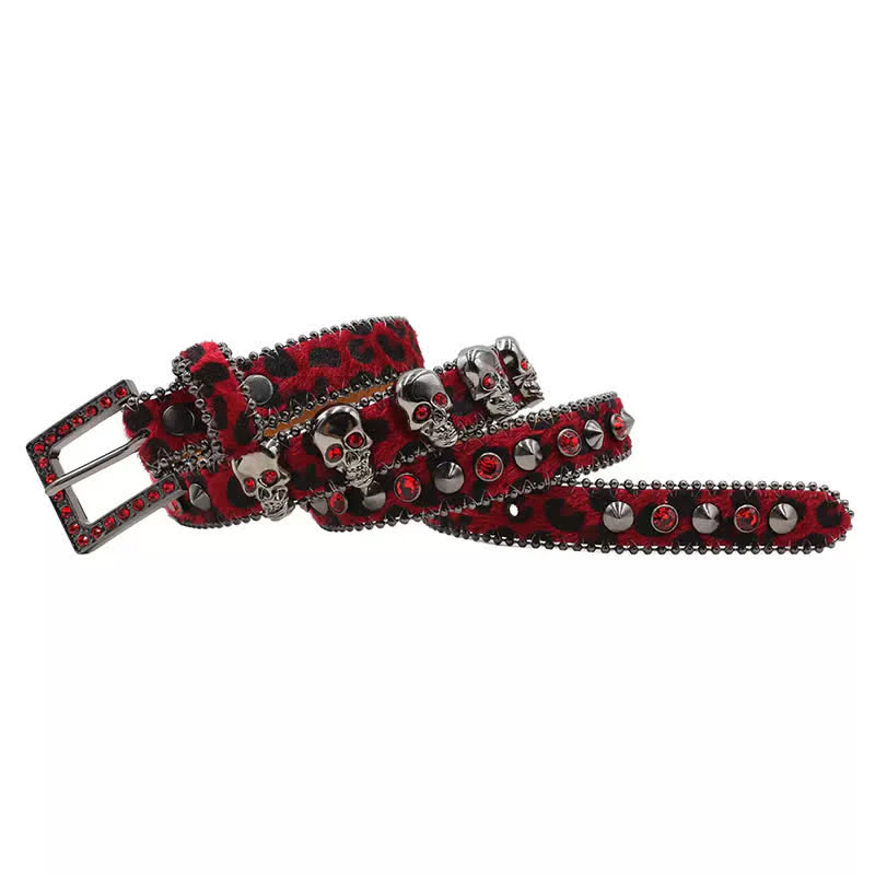 Fancy Gothic Skull Head Rivets Leopard Print Leather Belt - Image 4