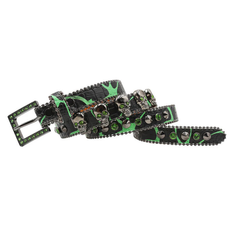 Fancy Gothic Skull Head Rivets Leopard Print Leather Belt - Image 7