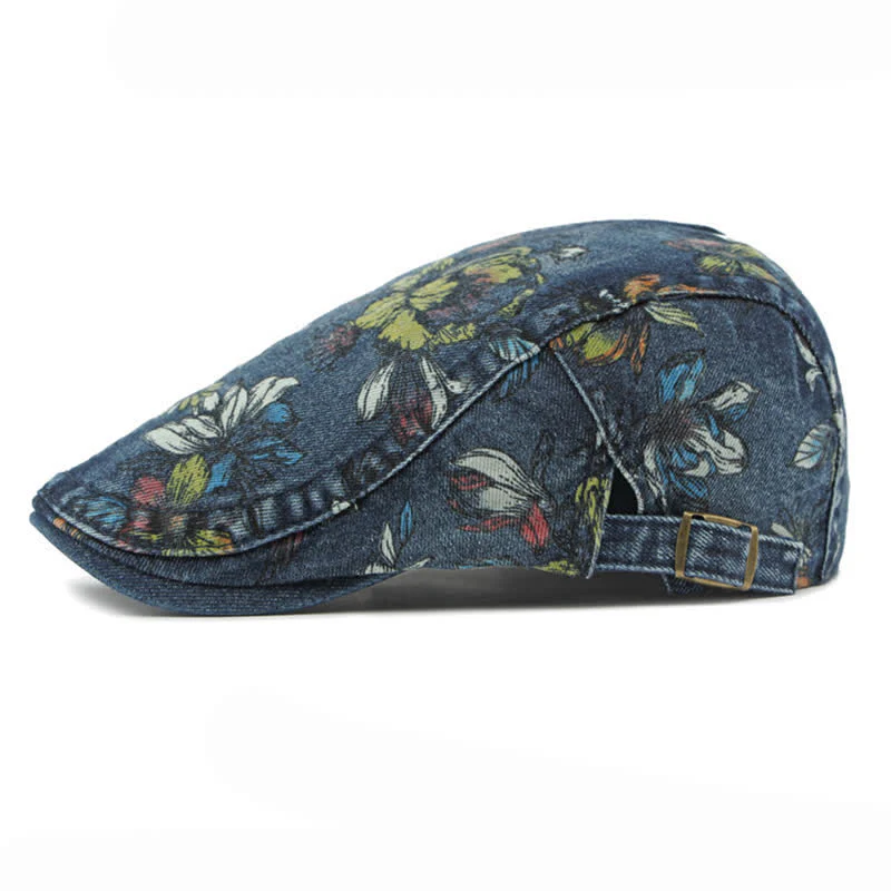 Fashion Floral Printed Denim Flat Beret Hat - Image 4