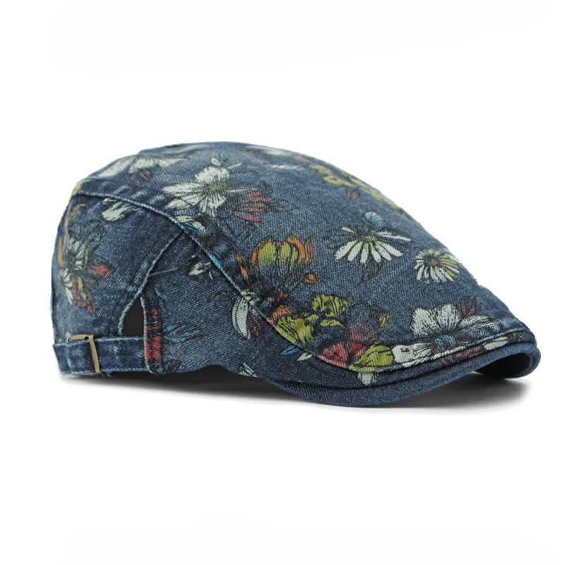 Fashion Floral Printed Denim Flat Beret Hat - Image 5