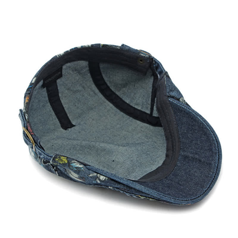 Fashion Floral Printed Denim Flat Beret Hat - Image 7