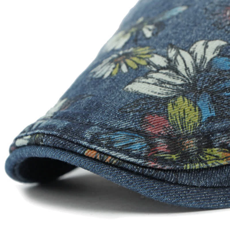 Fashion Floral Printed Denim Flat Beret Hat - Image 8
