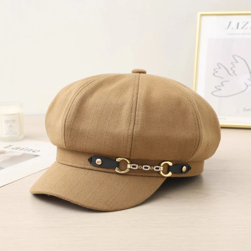Fashion Winter Women's Beret Hat With Metal Buckle Chain