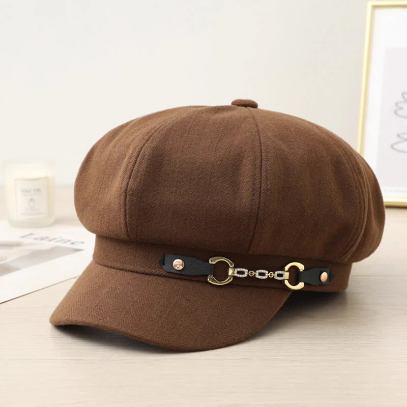 Fashion Winter Women's Beret Hat With Metal Buckle Chain - Image 4