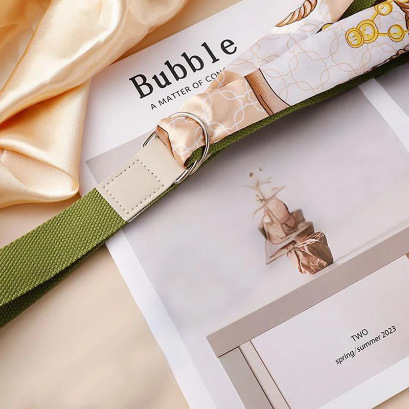 Fashionable Green Double-Loop Printed Silk Belt - Image 3