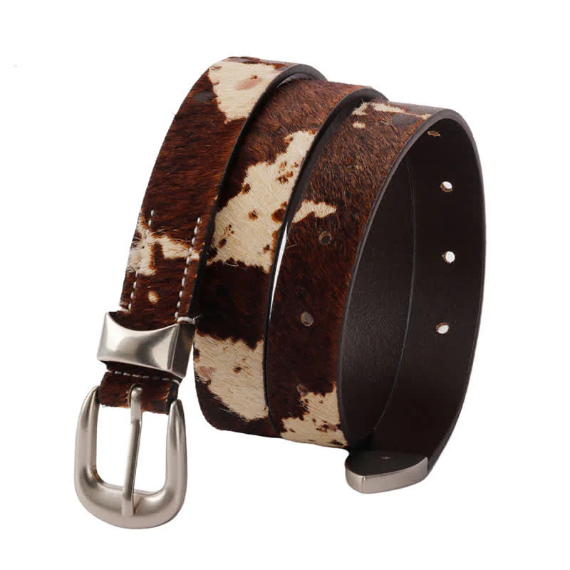 Faux Fur Cow Print Classic Silver Buckle Leather Belt - Image 10