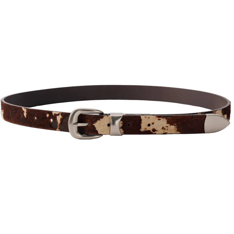 Faux Fur Cow Print Classic Silver Buckle Leather Belt - Image 11