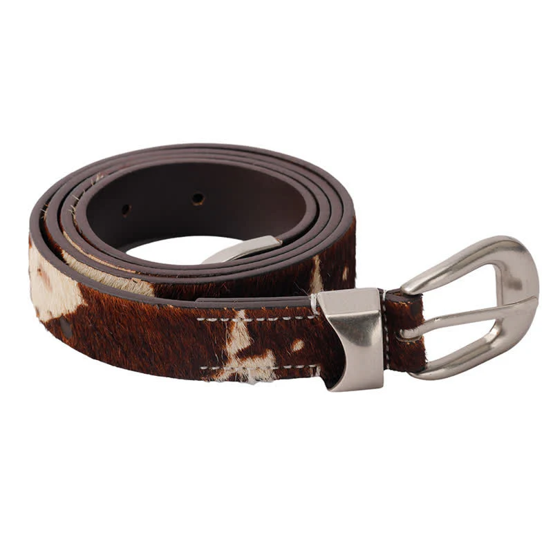 Faux Fur Cow Print Classic Silver Buckle Leather Belt - Image 12