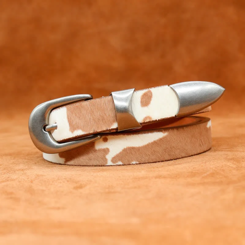 Faux Fur Cow Print Classic Silver Buckle Leather Belt - Image 2