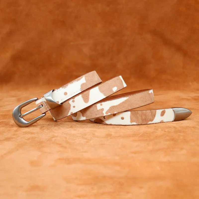 Faux Fur Cow Print Classic Silver Buckle Leather Belt - Image 3